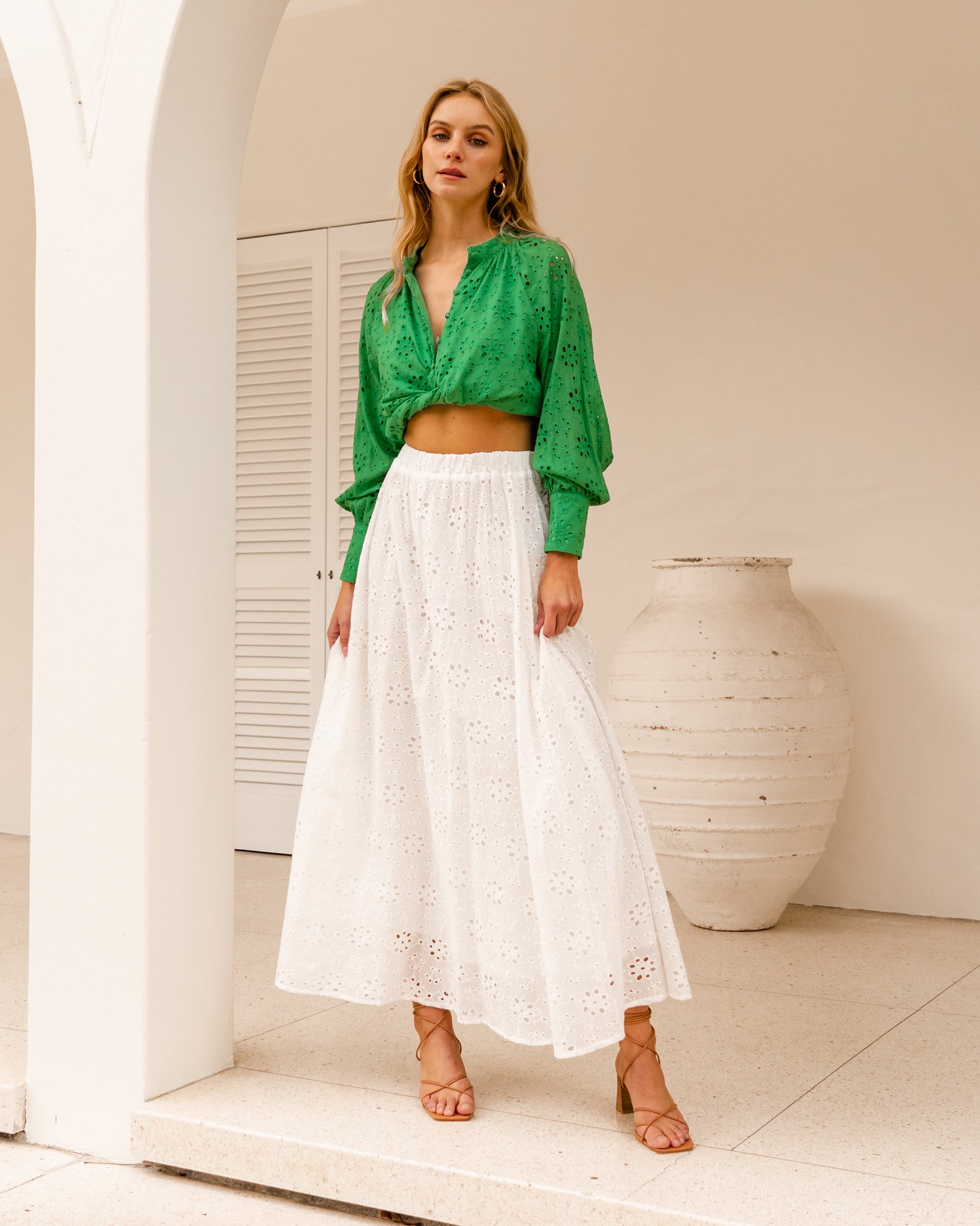 White Closet Green Broderie Long Sleeve blouse